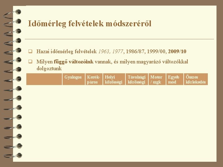 Időmérleg felvételek módszeréről q Hazai időmérleg felvételek 1963, 1977, 1986/87, 1999/00, 2009/10 q Milyen