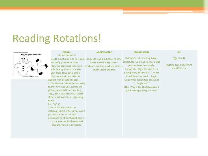 Reading Rotations! Fine Motor Phonics Library Corner Teacher Group Picture the Word Students select