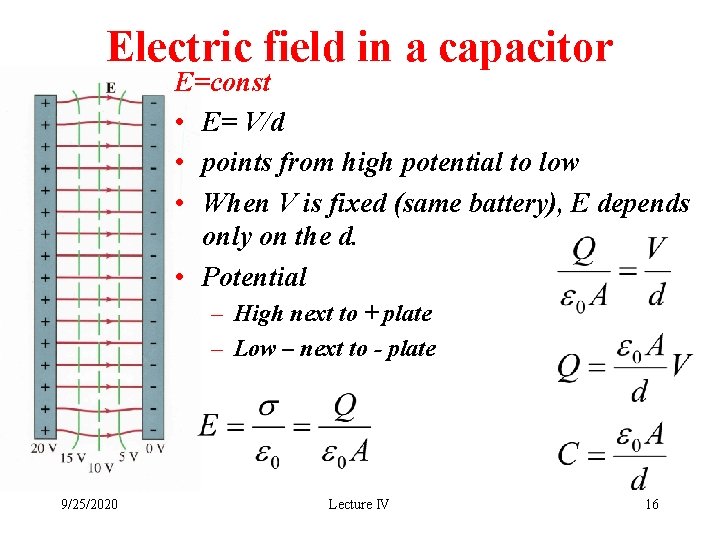 Electric field in a capacitor E=const • E= V/d • points from high potential