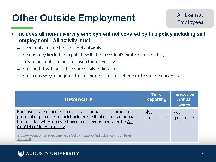 All Exempt Employees Other Outside Employment • Includes all non-university employment not covered by