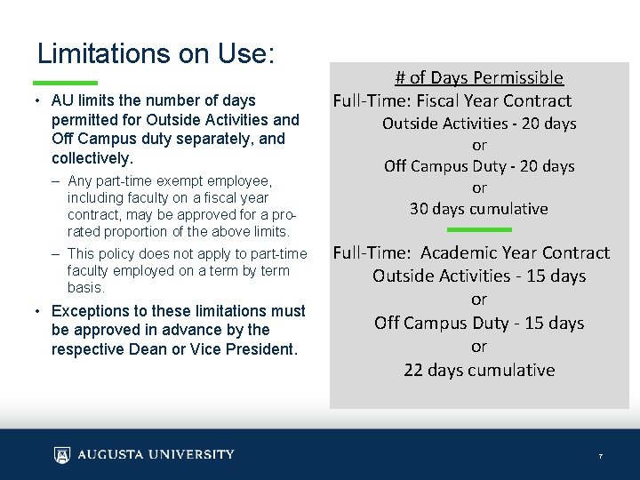 Limitations on Use: • AU limits the number of days permitted for Outside Activities