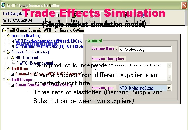 Trade Effects Simulation (Single market simulation model) Assumptions: – Each product is independent – Trade Effects Simulation (Single market simulation model) Assumptions: – Each product is independent –
