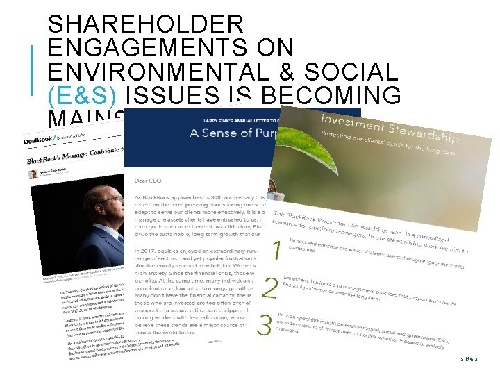 SHAREHOLDER ENGAGEMENTS ON ENVIRONMENTAL & SOCIAL (E&S) ISSUES IS BECOMING MAINSTREAM 2 Slide 2