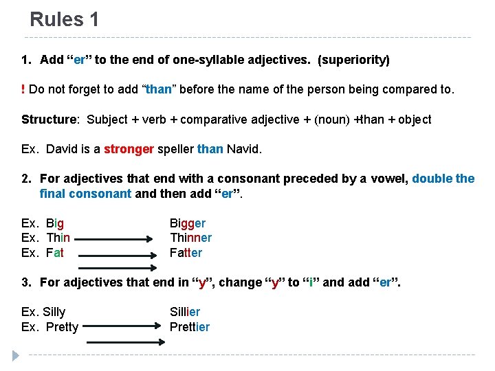 Rules 1 1. Add “er” to the end of one-syllable adjectives. (superiority) ! Do