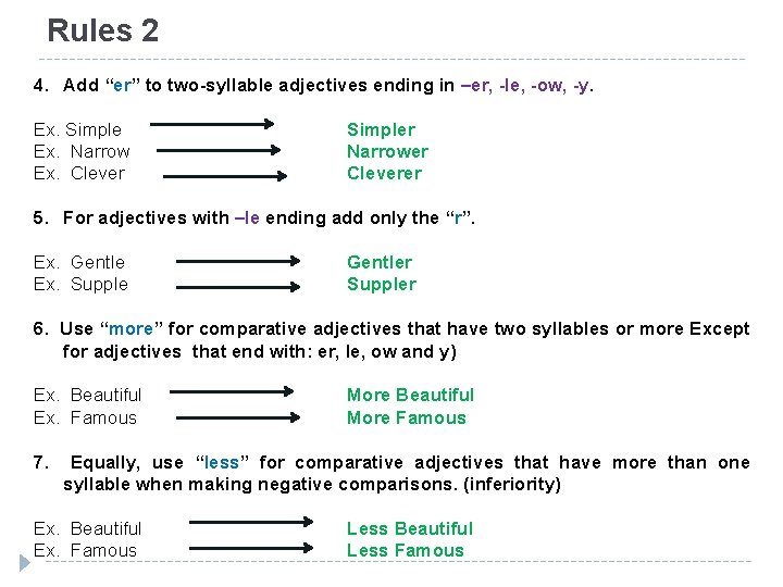 Rules 2 4. Add “er” to two-syllable adjectives ending in –er, -le, -ow, -y.