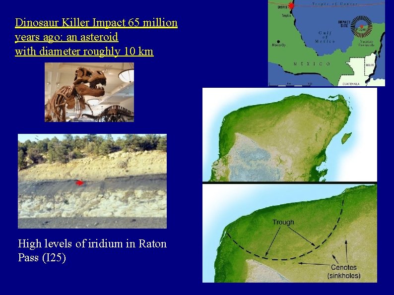 Dinosaur Killer Impact 65 million years ago: an asteroid with diameter roughly 10 km