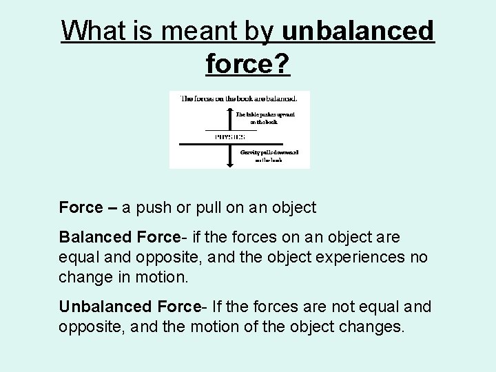What is meant by unbalanced force? Force – a push or pull on an