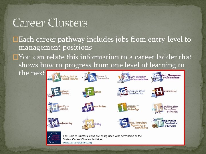 Career Clusters �Each career pathway includes jobs from entry-level to management positions �You can