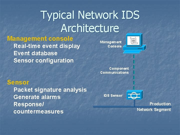 Typical Network IDS Architecture Management console Real-time event display Event database Sensor configuration Management