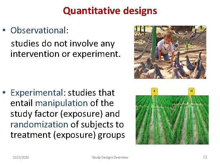 Quantitative designs • Observational: studies do not involve any intervention or experiment. • Experimental: Quantitative designs • Observational: studies do not involve any intervention or experiment. • Experimental: