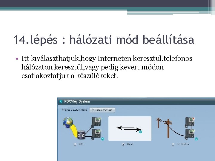 14. lépés : hálózati mód beállítása • Itt kiválaszthatjuk, hogy Interneten keresztül, telefonos hálózaton