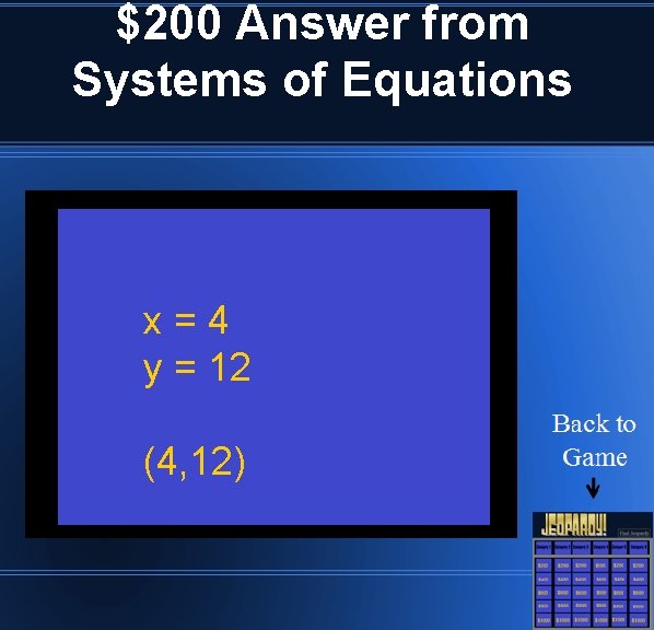 $200 Answer from Systems of Equations x=4 y = 12 (4, 12) 