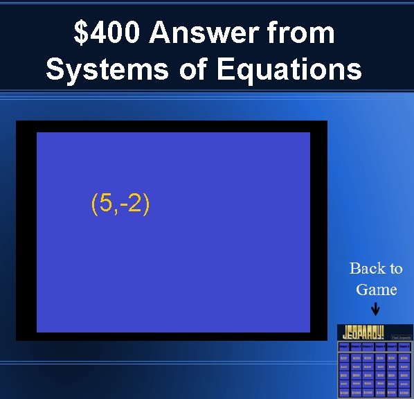 $400 Answer from Systems of Equations (5, -2) 