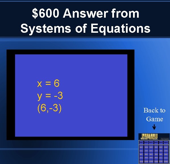 $600 Answer from Systems of Equations x=6 y = -3 (6, -3) 