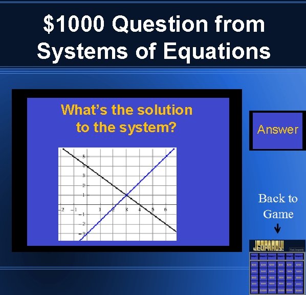 $1000 Question from Systems of Equations What’s the solution to the system? Answer 
