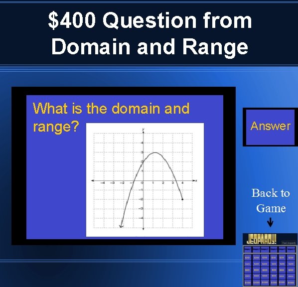 $400 Question from Domain and Range What is the domain and range? Answer 