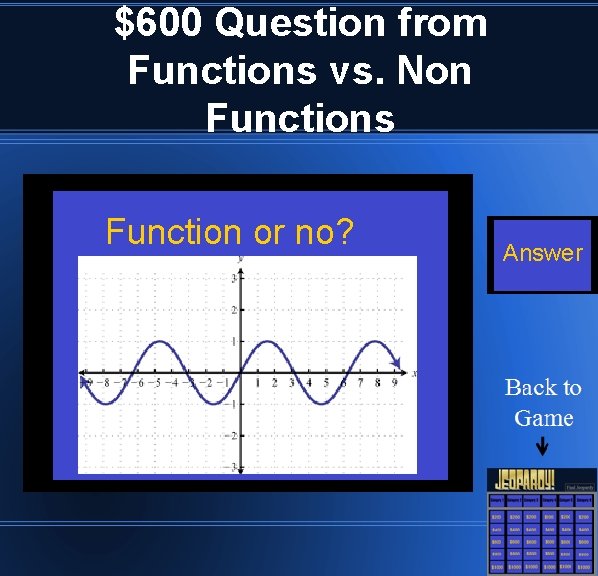$600 Question from Functions vs. Non Functions Function or no? Answer 