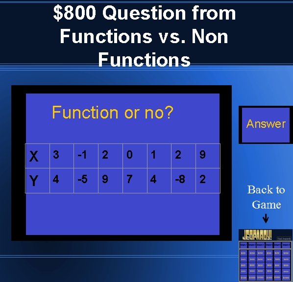 $800 Question from Functions vs. Non Functions Function or no? Answer X 3 -1