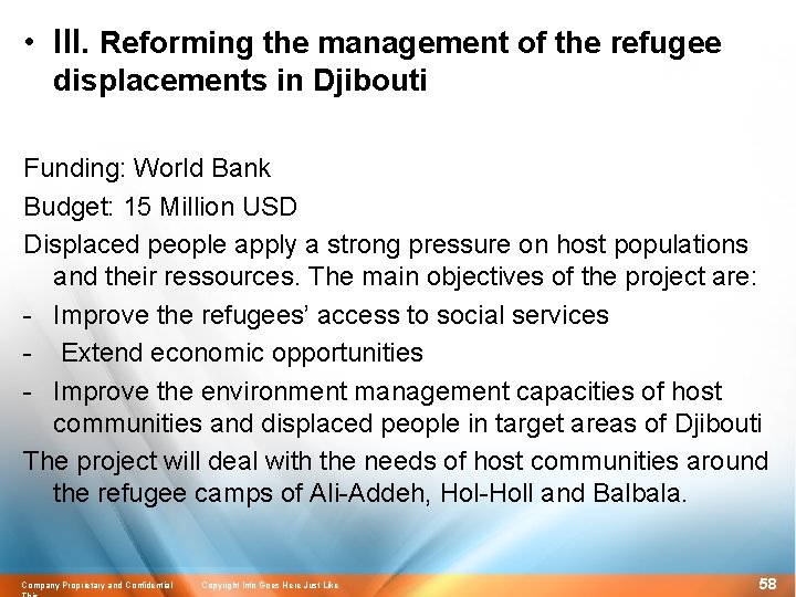  • III. Reforming the management of the refugee displacements in Djibouti Funding: World