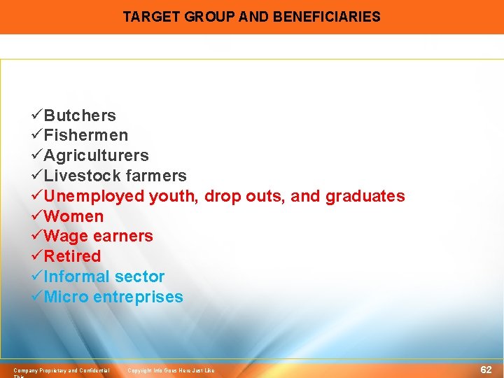 TARGET GROUP AND BENEFICIARIES üButchers üFishermen üAgriculturers üLivestock farmers üUnemployed youth, drop outs, and