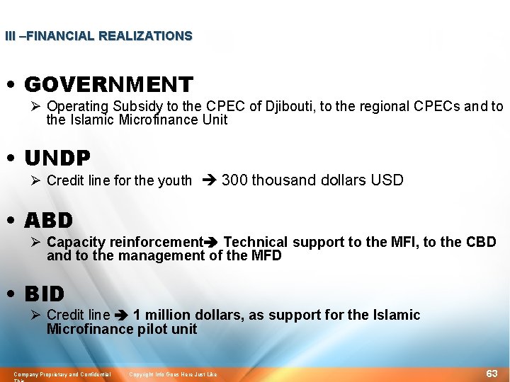 III –FINANCIAL REALIZATIONS • GOVERNMENT Ø Operating Subsidy to the CPEC of Djibouti, to