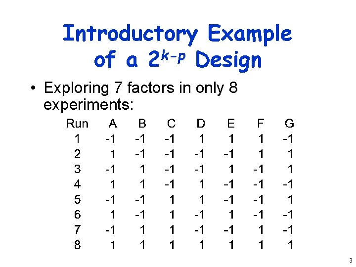 Introductory Example of a 2 k-p Design • Exploring 7 factors in only 8