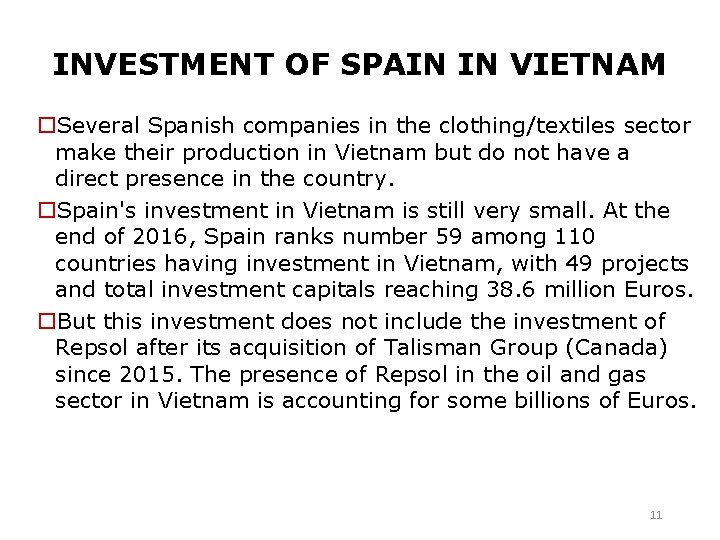 INVESTMENT OF SPAIN IN VIETNAM o. Several Spanish companies in the clothing/textiles sector make