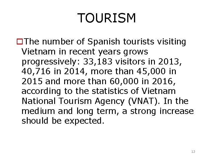 TOURISM o. The number of Spanish tourists visiting Vietnam in recent years grows progressively: