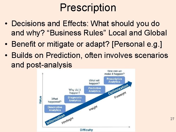 Prescription • Decisions and Effects: What should you do and why? “Business Rules” Local