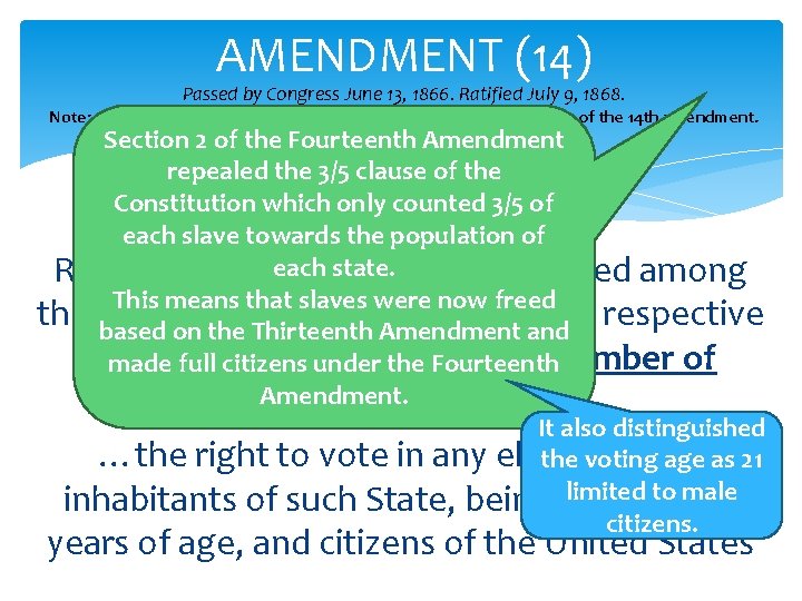 AMENDMENT (14) Passed by Congress June 13, 1866. Ratified July 9, 1868. Note: Article