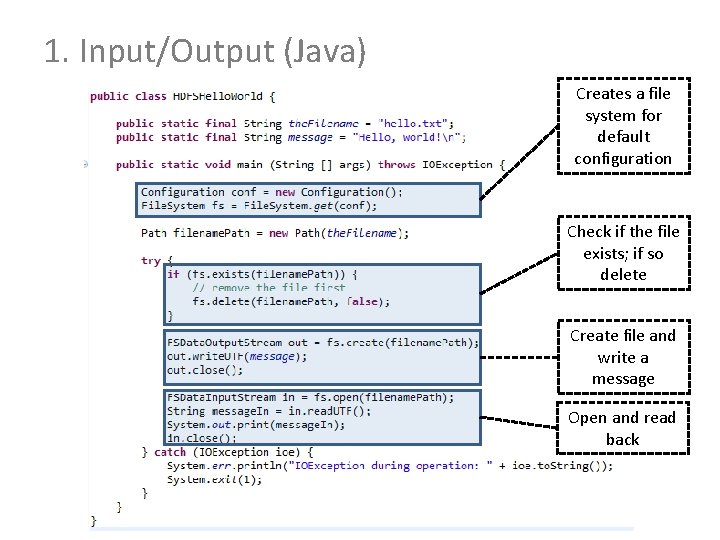 1. Input/Output (Java) Creates a file system for default configuration Check if the file