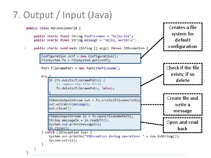 7. Output / Input (Java) Creates a file system for default configuration Check if