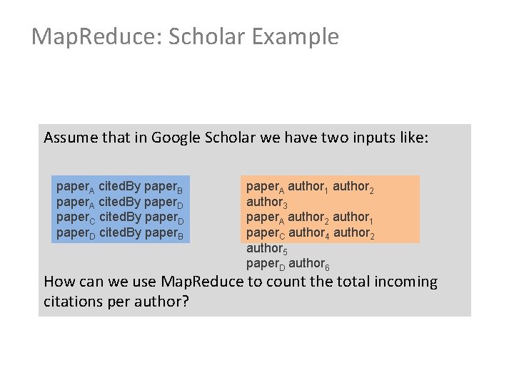 Map. Reduce: Scholar Example Assume that in Google Scholar we have two inputs like: