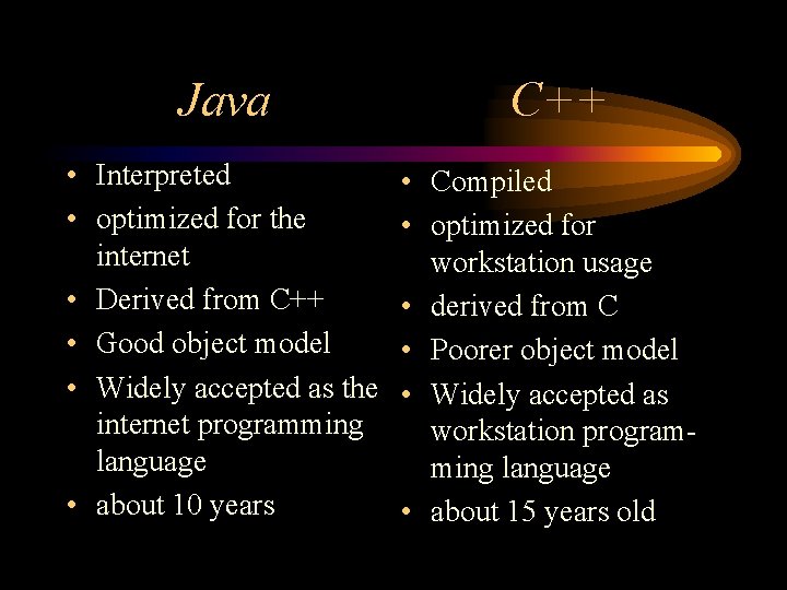 Java • Interpreted • optimized for the internet • Derived from C++ • Good