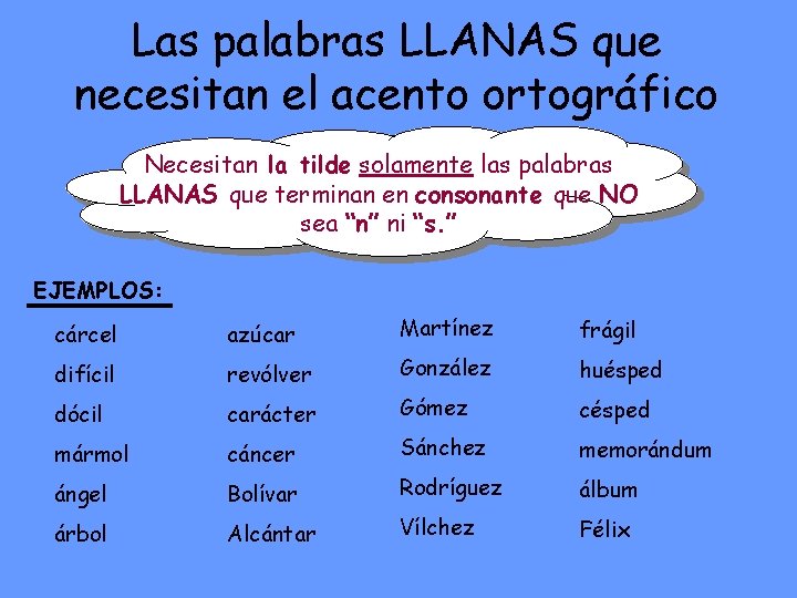 Las palabras LLANAS que necesitan el acento ortográfico Necesitan la tilde solamente las palabras