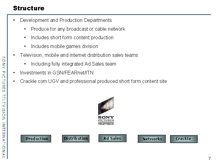 Structure • • Development and Production Departments • Produce for any broadcast or cable