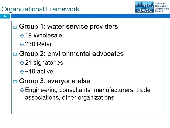 Organizational Framework 6 Group 1: water service providers 19 Wholesale 230 Retail Group 2: