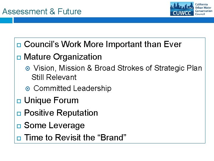 Assessment & Future Council’s Work More Important than Ever Mature Organization Vision, Mission &