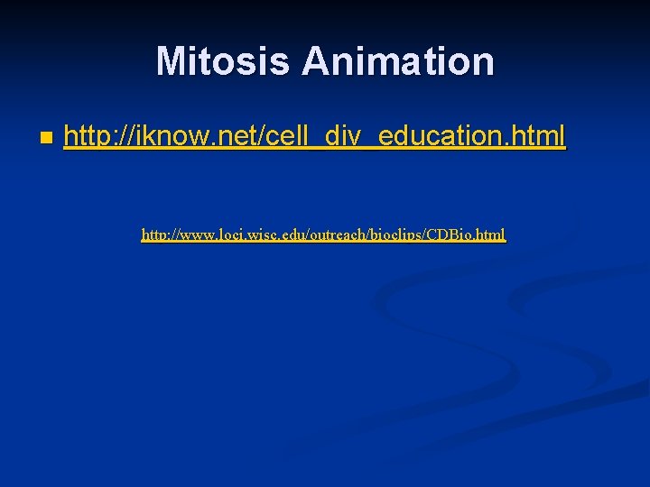 Mitosis Animation n http: //iknow. net/cell_div_education. html http: //www. loci. wisc. edu/outreach/bioclips/CDBio. html Mitosis Animation n http: //iknow. net/cell_div_education. html http: //www. loci. wisc. edu/outreach/bioclips/CDBio. html