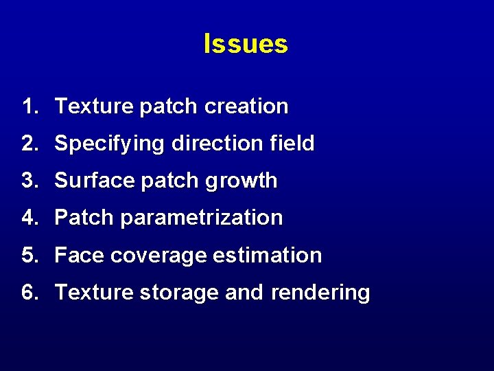 Issues 1. Texture patch creation 2. Specifying direction field 3. Surface patch growth 4.