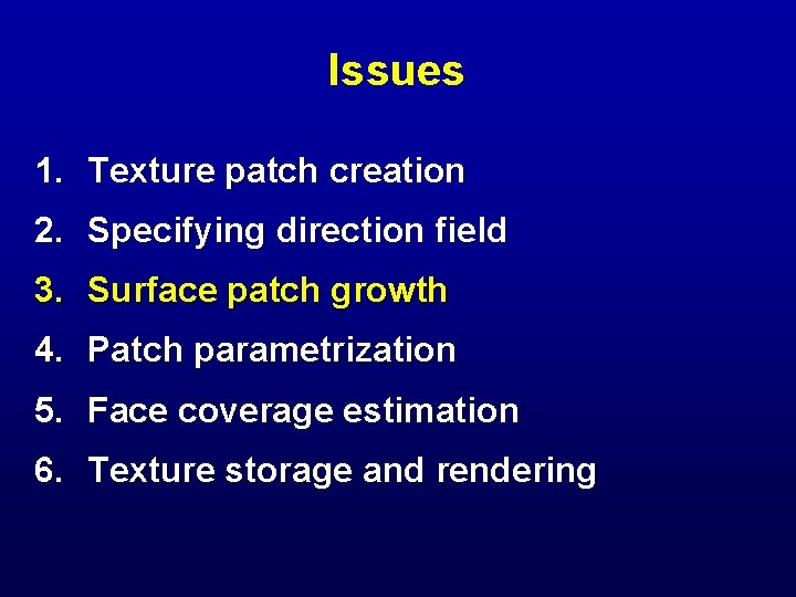 Issues 1. Texture patch creation 2. Specifying direction field 3. Surface patch growth 4.