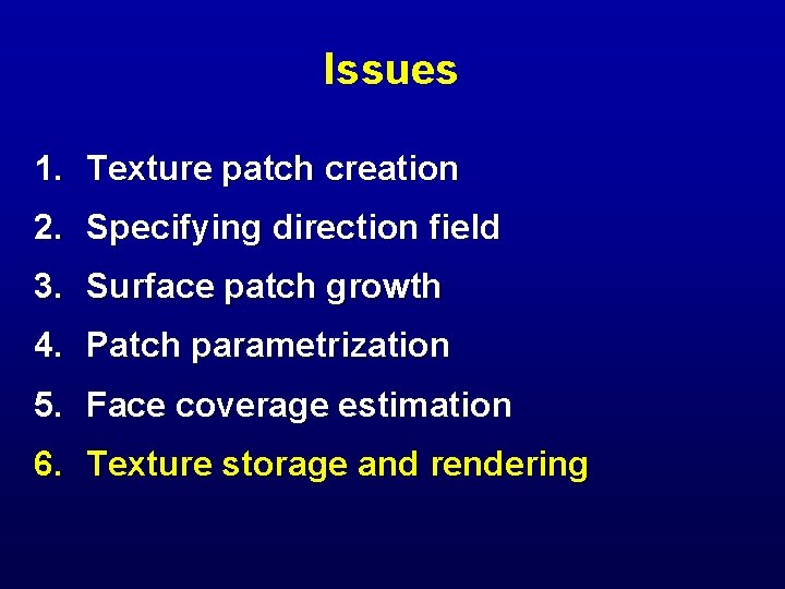 Issues 1. Texture patch creation 2. Specifying direction field 3. Surface patch growth 4.