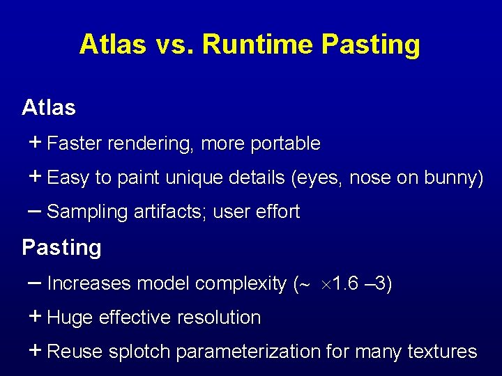 Atlas vs. Runtime Pasting Atlas + Faster rendering, more portable + Easy to paint