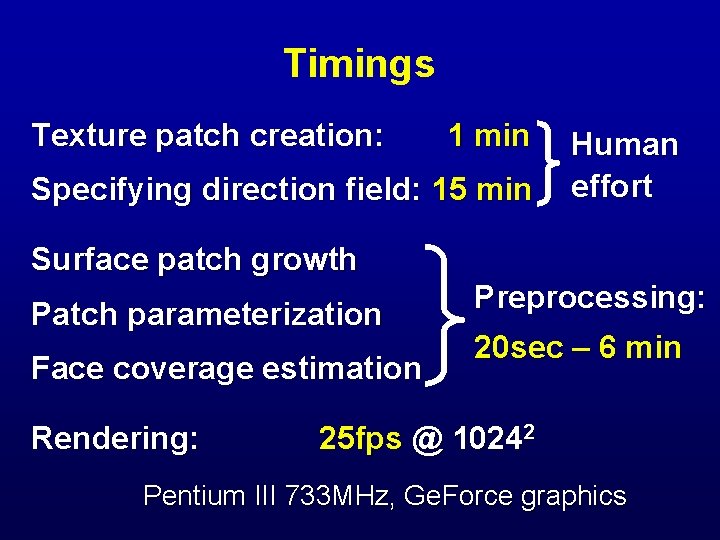 Timings Texture patch creation: 1 min Specifying direction field: 15 min Human effort Surface