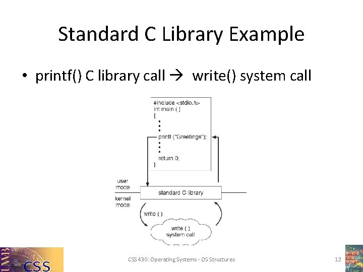 Standard C Library Example • printf() C library call write() system call CSS 430: