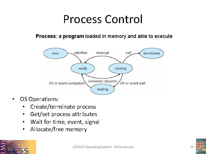 Process Control Process: a program loaded in memory and able to execute • OS