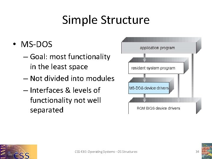 Simple Structure • MS-DOS – Goal: most functionality in the least space – Not