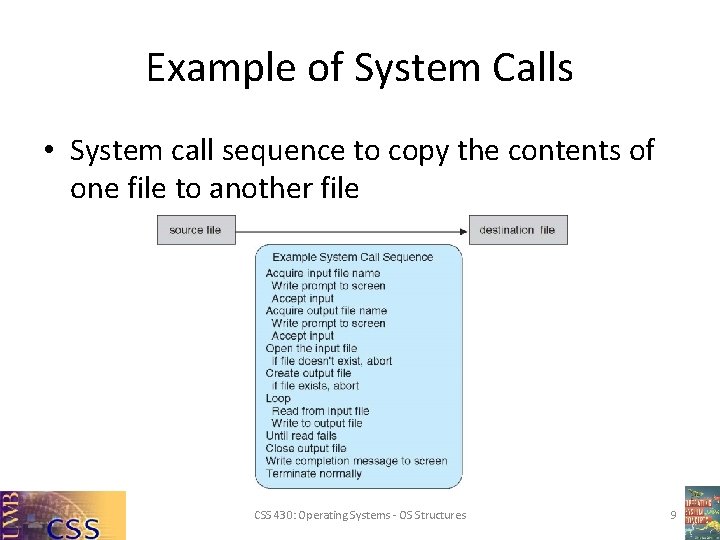 Example of System Calls • System call sequence to copy the contents of one