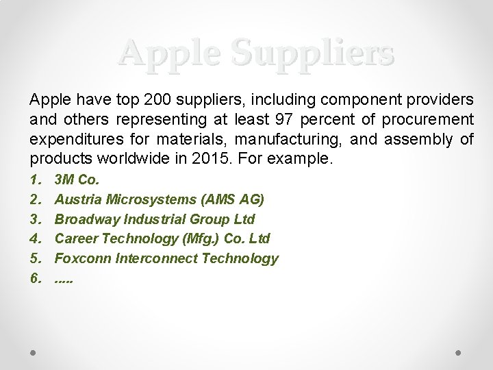 Apple Suppliers Apple have top 200 suppliers, including component providers and others representing at