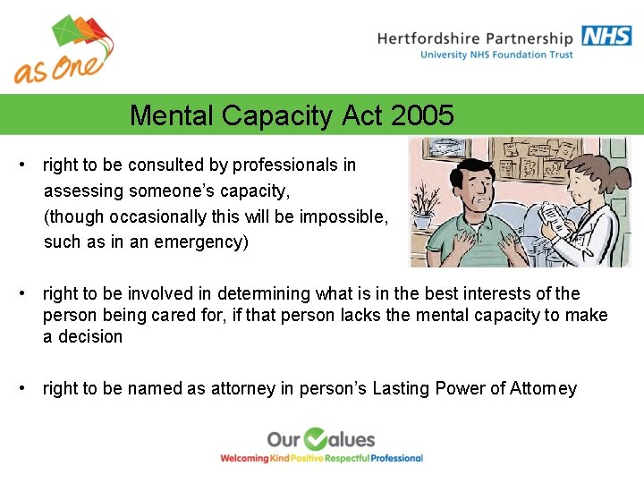 Mental Capacity Act 2005 • right to be consulted by professionals in assessing someone’s